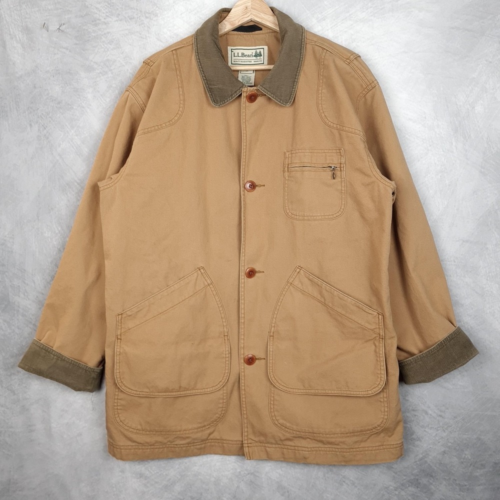 LL Bean Barn Coat Mens Large Brown Canvas Plaid Lined Corduroy Collar Workwear - Picture 2 of 16